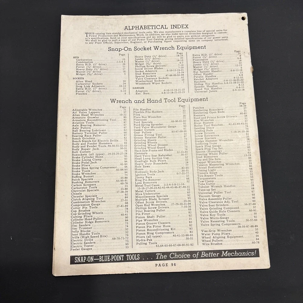 Vintage 1942 Snap On Catalog Blue Point Tools Catalog P WWII Era 96 Pages